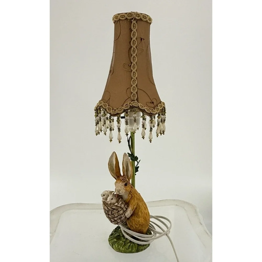 Vintage Rabbit Table Lamp with Beaded Shade Woodland Cottagecore Decor